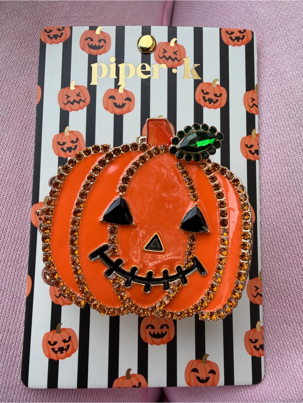 Piper K Pumpkin Jack-o'-Lantern hair clip in Orange with Green Leaf